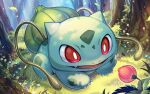  :d bright_pupils bulbasaur claws commentary_request day ekusiun fangs forest grass happy nature no_humans open_mouth outdoors plant pokemon pokemon_(creature) red_eyes smile solo tongue tree vines white_pupils 