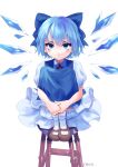  1girl :/ blue_dress blue_eyes blue_hair bow cirno dress full_body hair_bow highres ice ice_wings knees_to_chest looking_at_viewer puffy_short_sleeves puffy_sleeves shianebulae shoes short_hair short_sleeves solo touhou wings 