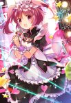  1girl absurdres blush dress heart highres holding holding_microphone honwaka_shinshi idol looking_at_viewer magia_record:_mahou_shoujo_madoka_magica_gaiden mahou_shoujo_madoka_magica makino_ikumi microphone multicolored_background pink_eyes pink_hair short_twintails smile solo star_(symbol) thigh-highs twintails 