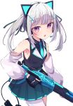  1girl :o absurdres animal_ear_headphones animal_ears apex_legends asumi_sena bangs bare_shoulders black_shirt black_vest blue_necktie blue_skirt blush collared_shirt commentary_request demon_tail detached_sleeves eyebrows_visible_through_hair fake_animal_ears grey_hair gun hair_ornament headphones headset highres holding holding_gun holding_weapon long_sleeves looking_at_viewer m1904_mastiff necktie okota_mikan parted_lips pleated_skirt puffy_long_sleeves puffy_sleeves shirt simple_background single_leg_pantyhose skirt sleeveless sleeveless_shirt solo tail twintails vest violet_eyes virtual_youtuber vspo! weapon white_background white_legwear white_sleeves 