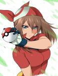  1girl bandana bangs blue_eyes breasts brown_hair closed_mouth collared_shirt commentary_request eyelashes gloves hair_between_eyes hand_up henriiku_(ahemaru) holding holding_poke_ball looking_at_viewer may_(pokemon) poke_ball poke_ball_(basic) pokemon pokemon_(anime) pokemon_rse_(anime) red_bandana red_shirt shirt short_sleeves solo upper_body white_background white_gloves yellow_bag 