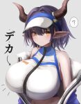  1girl ? animal_ears arknights arrow_(symbol) bangs bare_shoulders bikini blue_jacket blush breasts closed_mouth collarbone commentary cow_ears cow_horns eyebrows_visible_through_hair from_above hair_between_eyes highres horns huge_breasts jacket long_sleeves looking_at_viewer metae midriff navel off_shoulder official_alternate_costume open_clothes open_jacket orange_eyes purple_hair shirt short_hair sideroca_(arknights) sideroca_(light_breeze)_(arknights) sleeveless smile solo spoken_question_mark swimsuit taut_clothes taut_shirt translation_request upper_body visor_cap white_bikini white_headwear zipper 