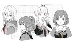  1other 25-ji_night_code_de._(project_sekai) 3girls akiyama_mizuki ambiguous_gender arms_at_sides asahina_mafuyu black_choker black_neckerchief black_sailor_collar blue_eyes border bow braid brown_eyes checkered_background choker collarbone cropped_shoulders drill_hair expressionless fingernails greyscale hair_behind_ear hair_bow hair_ornament hair_ribbon hair_scrunchie hand_on_own_chin hand_up head_tilt high_ponytail hood hood_down hoodie light_blush light_smile long_hair looking_at_viewer looking_away monochrome multiple_girls nanameni neckerchief open_mouth orange_neckerchief parted_lips pink_eyes pink_neckerchief profile project_sekai red_neckerchief ribbon sailor_collar scrunchie serious shinonome_ena short_hair side_drill sideways_glance simple_background spot_color straight_hair tsurime two-tone_neckerchief very_long_hair violet_eyes wavy_hair white_background white_border yoisaki_kanade 