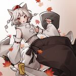  1girl animal_ears autumn_leaves bare_shoulders black_hakama black_skirt breasts commentary_request grey_hair hakama hakama_pants hat highres holding holding_shield holding_sword holding_weapon inubashiri_momiji japanese_clothes long_sleeves open_mouth pants pom_pom_(clothes) red_eyes red_headwear ribbon-trimmed_sleeves ribbon_trim shield shirt short_hair skirt sleeveless sleeveless_shirt small_breasts sword taeminhyeon tail tassel tokin_hat touhou weapon white_shirt white_sleeves wide_sleeves wolf_ears wolf_girl wolf_tail 