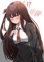  !? 1girl absurdres blazer blush breasts brown_hair eyebrows_visible_through_hair girls_frontline hair_ribbon highres jacket long_hair nanahosi45 necktie nervous red_eyes red_necktie red_ribbon ribbon side_ponytail solo sweatdrop wa2000_(girls&#039;_frontline) 