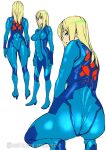  1girl ashiomi_masato ass back bangs blonde_hair blue_eyes bodysuit breasts butt_crack closed_mouth cosplay guilty_gear guilty_gear_xrd high_heels large_breasts long_hair looking_at_viewer looking_back metroid millia_rage multiple_views parted_lips samus_aran samus_aran_(cosplay) simple_background skin_tight squatting twitter_username white_background zero_suit 