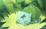  animal_focus bulbasaur claws closed_eyes commentary flower full_body grass leaf light_rays lying no_humans on_stomach pokemon pokemon_(creature) shadow shiraki_shiro sleeping solo white_flower 