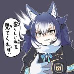 1girl animal_costume animal_ears dire_wolf_(kemono_friends) gloves highres kemono_friends kemono_friends_v_project long_hair mcgunngu microphone necktie ribbon shirt simple_background skirt solo tail virtual_youtuber wolf_costume wolf_ears wolf_girl wolf_tail 