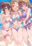 3girls :&gt; ass_visible_through_thighs barefoot beach belly bikini blue_eyes blue_sky blue_swimsuit blush bow braid breast_hold breasts brown_eyes brown_hair collarbone eyelashes frilled_bikini frills groin hair_between_eyes hair_bow hair_ornament hairclip hand_on_another&#039;s_shoulder kitahara_tomoe_(kitahara_koubou) konoe_haruka konoe_kanata konoe_kanata/haruka&#039;s_mother large_breasts leg_up legs light_brown_hair long_hair looking_at_viewer love_live! love_live!_nijigasaki_high_school_idol_club medium_breasts medium_hair mother_and_daughter multiple_girls navel ocean one_eye_closed open_mouth outdoors purple_bikini red_swimsuit sky smile sparkle stomach string_bikini striped striped_bikini swimsuit swimsuit_skirt thigh_strap thighs tongue tongue_out twintails twitter_username violet_eyes wet