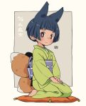 1girl animal_ears bangs barefoot black_hair blush brown_background closed_mouth commentary_request cushion dated fox_ears fox_girl fox_tail full_body green_kimono grey_background japanese_clothes kimono kitsune kukuri_(mawaru) long_sleeves looking_at_viewer mawaru_(mawaru) obi original own_hands_together sash seiza short_hair sitting smile solo tail translation_request two-tone_background violet_eyes wide_sleeves zabuton 
