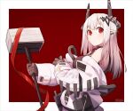  1girl arknights bangs bare_shoulders black_gloves breasts commentary eyebrows_visible_through_hair gloves hammer highres holding holding_hammer holding_weapon horns large_breasts long_hair long_sleeves looking_at_viewer mudrock_(arknights) off_shoulder pointy_ears red_eyes ryota_tentei silver_hair solo upper_body weapon 