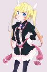  1girl absurdres black_legwear blonde_hair blue_eyes brounie colored_tips dress hair_ornament hand_on_hip highres long_hair long_sleeves looking_at_viewer magia_record:_mahou_shoujo_madoka_magica_gaiden mahou_shoujo_madoka_magica multicolored_hair pantyhose pink_hair ribbon solo twintails yuzuki_rion_(magia_record) 