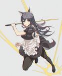  1girl alternate_costume animal_ears apron arknights black_dress black_footwear black_hair black_legwear breasts colored_inner_hair dress enmaided eyebrows_visible_through_hair frilled_apron frills from_above full_body grey_background highres holding holding_sword holding_weapon jumping kernel_killer leg_up looking_at_viewer looking_up maid medium_breasts multicolored_hair pantyhose puffy_short_sleeves puffy_sleeves redhead short_sleeves simple_background solo sword tail texas_(arknights) two-tone_hair v-shaped_eyebrows weapon white_apron wolf_ears wolf_girl wolf_tail yellow_eyes 