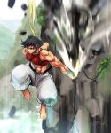  1girl abs baggy_pants barefoot belt black_belt black_hair breasts brown_eyes choker clenched_hands destruction jumping makoto_(street_fighter) medium_breasts motion_blur mountain mountainous_horizon muscular muscular_female pants punching red_sports_bra ribbon_choker shopyun short_hair solo sports_bra street_fighter street_fighter_iii_(series) tomboy white_pants yellow_choker 