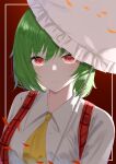  1girl absurdres anima_miko artist_name ascot bangs blush breasts brown_background closed_mouth collared_shirt commentary_request eyebrows_visible_through_hair eyelashes eyes_visible_through_hair gradient gradient_background green_hair grey_shirt hair_between_eyes highres kazami_yuuka light long_sleeves looking_at_viewer medium_breasts open_clothes open_vest petals red_background red_eyes shadow shirt short_hair smile solo touhou umbrella upper_body vest yellow_ascot 