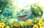  bulbasaur closed_eyes commentary_request day falling_petals fangs flower happy huura0429 light_rays lying no_humans on_stomach open_mouth outdoors petals pokemon pokemon_(creature) solo tongue tree yellow_flower 