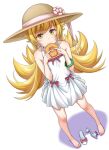  1girl bakemonogatari bangs bare_shoulders blonde_hair blush_stickers bracelet breasts collarbone doughnut dress fang food full_body green_bracelet jewelry long_hair looking_at_viewer monogatari_(series) oshino_shinobu sandals small_breasts sundress underskirt yellow_eyes 