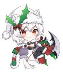  alternate_costume animal_ears bell black_legwear bow cape chibi christmas christmas_ornaments christmas_present closed_mouth commentary_request eyelashes feathers fur-trimmed_headwear fur_cape gift hat highres inubashiri_momiji midriff navel neck_bell pom_pom_(clothes) red_eyes red_footwear ribbon santa_hat short_hair simple_background taeminhyeon tail touhou white_background white_cape white_hair white_headwear wolf_ears wolf_tail 