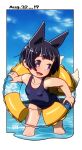  1girl :d animal_ears bangs black_eyes black_hair blue_sky blue_swimsuit border clouds cloudy_sky fox_ears fox_girl fox_tail innertube kukuri_(mawaru) mawaru_(mawaru) one-piece_swimsuit open_mouth original outdoors short_hair sky smile solo swimsuit tail wading water white_border 