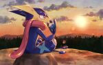 berry_(pokemon) clouds commentary_request dirty from_behind greninja holding no_humans orange_eyes outdoors pokemon pokemon_(creature) rock silhouette sitting sky solo sun sunset twilight yellow_pupils yoi_(207342) 