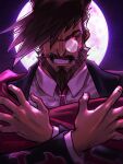  1boy angry artist_name beard brown_hair close-up coat collared_shirt crossed_arms facial_hair fang frown glowing glowing_eyes guilty_gear guilty_gear_xrd highres long_sleeves looking_at_viewer maddestmao male_focus manly mature_male monocle moon mustache necktie night night_sky one_eye_covered red_eyes shirt sky slayer_(guilty_gear) solo spiky_hair teeth thick_eyebrows 