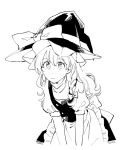  1girl apron bangs black_headwear black_skirt black_vest bow braid commentary_request hair_bow hat hat_bow kirisame_marisa leaning_forward long_hair monochrome natsume_(menthol) shirt short_sleeves simple_background single_braid skirt solo touhou upper_body vest waist_apron white_background white_shirt witch_hat 