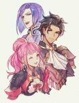  1girl 2boys alternate_costume alternate_hairstyle armor armored_dress ascot black_hair breasts claude_von_riegan closed_mouth clothing_cutout commentary_request cropped_torso dark-skinned_male dark_skin dress fire_emblem fire_emblem:_three_houses fire_emblem_warriors:_three_hopes gloves green_eyes hair_bun hilda_valentine_goneril looking_at_another looking_away lorenz_hellman_gloucester medium_breasts mochimillet multiple_boys official_alternate_costume official_alternate_hairstyle one_eye_closed open_mouth pink_dress pink_eyes pink_gloves pink_hair purple_hair short_hair shoulder_armor smile violet_eyes white_ascot 