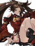  1girl bare_legs bare_shoulders breasts brown_eyes brown_hair china_dress chinese_clothes detached_sleeves dress found_modori guilty_gear guilty_gear_xrd hair_ornament hair_ring hairclip highres kuradoberi_jam large_breasts long_hair looking_at_viewer simple_background skin_tight skirt solo thighs twintails white_background wide_sleeves 