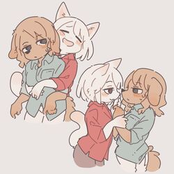  animal_ears blue_shirt blush brown_pants cat cat_ears cat_tail closed_eyes dog dog_ears dog_tail furry furry_female furry_male open_mouth original pants red_shirt ship shirt tail watercraft white_pants yagi_(s1120411) 