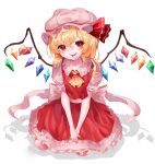  1girl :d ascot blonde_hair blush crystal fangs flandre_scarlet frilled_shirt_collar frilled_skirt frills hair_between_eyes hat hat_ribbon highres looking_at_viewer mob_cap open_mouth petticoat pointy_ears puffy_short_sleeves puffy_sleeves red_eyes red_ribbon red_skirt red_vest ribbon shianebulae shirt short_sleeves sitting skirt skirt_set smile solo teeth touhou v_arms vest wings 
