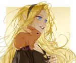  1girl animal artist_name black_headband black_nails black_shirt blonde_hair blue_eyes from_side headband heart_pendant jewelry lips long_hair looking_away messy_hair original parted_lips pointy_ears rabbit shirt simple_background smile solo upper_body v-neck wind yujurro 