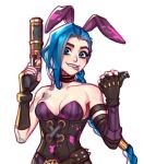  1girl alternate_costume animal_ears asymmetrical_bangs bangs bare_shoulders blue_hair blushy-pixy braid breasts collarbone commentary explosive fake_animal_ears fingerless_gloves gloves grenade gun holding holding_grenade holding_gun holding_weapon jinx_(league_of_legends) league_of_legends leotard long_hair looking_at_viewer medium_breasts mouth_hold pantyhose playboy_bunny rabbit_ears solo twin_braids weapon 