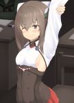  1girl arm_up armpit_cutout armpits breasts brown_eyes brown_hair clothing_cutout headband headgear highres kantai_collection miniskirt one_eye_closed pleated_skirt red_skirt short_hair skirt small_breasts smile solo taihou_(kancolle) tukimotoreiji upper_body 
