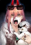  1girl animal cat chainsaw_man eyebrows_visible_through_hair fangs fur_trim hair_between_eyes highres horns jewelry long_hair mojiba7 necklace open_mouth power_(chainsaw_man) red_nails ring sharp_teeth solo sunglasses sweat teeth tongue 