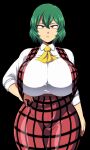  1girl amazon_(taitaitaira) ascot black_background breasts green_hair hair_between_eyes huge_breasts kazami_yuuka open_clothes open_vest plaid plaid_skirt plaid_vest red_eyes shirt short_hair skirt skirt_set solo touhou transparent_background vest 