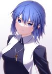  1girl absurdres bangs blue_eyes blue_hair breasts ciel_(tsukihime) closed_mouth cross gradient gradient_background highres jewelry ka_ki_o large_breasts looking_at_viewer pendant short_hair smile solo tsukihime upper_body white_background 