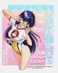  1980s_(style) 1girl blue_eyes blue_hair breasts character_name choujikuu_yousai_macross collarbone drill_locks english_commentary english_text fritz_willie highres leaning_to_the_side looking_at_viewer lynn_minmay macross medium_breasts multicolored_clothes multicolored_swimsuit one-piece_swimsuit open_mouth retro_artstyle shirt smile solo sunglasses swimsuit tied_shirt white_shirt white_swimsuit yellow_swimsuit 