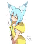  1girl absurdres animal_ear_fluff animal_ears bare_arms blue_hair closed_mouth drawstring highres hood hood_down hoodie idaten93 jitome long_hair looking_at_viewer original simple_background sleeveless sleeveless_hoodie solo terufu-chan translation_request white_background yellow_hoodie 