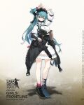  1girl aqua_hair artist_request assault_rifle asymmetrical_legwear bangs black_footwear black_jacket black_mask blush breasts character_name cherry chinese_text closed_mouth clothes_around_waist copyright_name dress eye_piercing eyebrows_visible_through_hair food fruit full_body girls_frontline gun hair_ornament hairclip hand_up harness highres holding holding_food holding_fruit holding_gun holding_weapon jacket jacket_around_waist long_hair long_sleeves looking_at_viewer mask_pull medium_breasts official_art ponytail promotional_art rifle scr_(girls&#039;_frontline) shoes simple_background smile solo standing violet_eyes weapon white_dress 