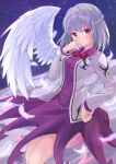 1girl angel_wings bangs blush bow bowtie braid breasts brown_footwear buttons closed_mouth commentary_request dress eyebrows_visible_through_hair feathers french_braid hair_between_eyes hand_on_hip hand_to_own_mouth jacket kishin_sagume long_sleeves looking_at_viewer medium_breasts moon purple_dress ramie_(ramie541) red_bow red_bowtie red_eyes shiny shiny_skin short_hair silver_hair single_wing solo space touhou white_wings wings 