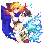  1girl ? armpits asymmetrical_legwear blonde_hair blue_scarf commentary cowboy_shot elbow_gloves eleka english_commentary gloves gradient_hair highres homriette kid_icarus kid_icarus_uprising looking_to_the_side medium_hair multicolored_hair navel orange_hair plant scarf short_shorts shorts simple_background solo vines white_background white_shorts 