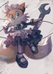  1boy alternate_costume apron black_dress blue_eyes closed_mouth crossdressing dress enmaided fox_boy furry furry_male gloves highres holding holding_wrench long_sleeves maid maid_headdress male_focus misuta710 multiple_tails solo sonic_(series) tail tails_(sonic) two_tails white_apron white_gloves wrench 