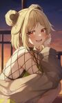  1girl :d absurdres bangs blonde_hair brown_jacket commentary_request double_bun eyebrows_visible_through_hair fishnets girls_frontline gya_(144) highres jacket lock long_sleeves looking_at_viewer p90_(girls&#039;_frontline) padlock padlocked_collar parted_bangs red_eyes short_hair smile solo squatting teeth upper_teeth 