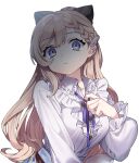  1girl absurdres black_bow blonde_hair blue_skirt bow braid breasts collarbone eyebrows_visible_through_hair hair_behind_ear hair_bow highres leaning_to_the_side looking_at_viewer medium_breasts neck_ribbon nijisanji nijisanji_kr purple_ribbon ribbon sakura_yuki_(clochette) second-party_source shaded_face skirt so_nagi solo upper_body virtual_youtuber white_background 