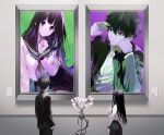  1boy 1girl black_hair black_sailor_collar chitanda_eru from_above gakuran green_eyes grey_neckerchief highres hyouka kamiyama_high_school_uniform long_hair looking_at_viewer mery_(yangmalgage) meta neckerchief oreki_houtarou pleated_skirt portrait_(object) sailor_collar school_uniform serafuku short_hair skirt violet_eyes 