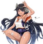  1girl air_bubble arm_up armpits bangs bare_arms black_hair blue_swimsuit breasts bubble commentary_request covered_navel cowboy_shot dated grey_eyes headgear i-400_(kancolle) japanese_flag kantai_collection long_hair looking_at_viewer one-piece_tan open_mouth orange_sailor_collar revision sailor_collar sailor_shirt salute school_swimsuit shirt side-tie_shirt signature simple_background sleeveless sleeveless_shirt small_breasts smile solo swimsuit swimsuit_under_clothes tan tanlines teeth tk8d32 upper_teeth very_long_hair water_drop white_background white_shirt 