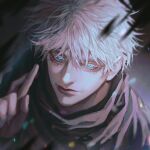  11857864 1boy bangs black_jacket blue_eyes closed_mouth crossed_fingers gojou_satoru hair_between_eyes hand_up high_collar highres jacket jujutsu_kaisen lips looking_at_viewer male_focus portrait realistic short_hair solo white_hair 