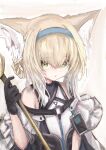  1girl animal_ears arknights bare_shoulders black_gloves blonde_hair blue_hairband braid dress eyebrows_visible_through_hair fox_ears gloves green_eyes hair_between_eyes hair_ornament hairband hand_up highres holding holding_staff id_card long_hair looking_at_viewer multicolored_hair parted_lips piennamekuzi simple_background solo staff streaked_hair suzuran_(arknights) tactical_clothes twin_braids white_background white_dress white_hair 