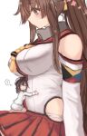  2girls black_hair bloated breasts brown_eyes brown_hair collar detached_sleeves female_admiral_(kancolle) giant giantess hug kantai_collection kneeling large_breasts long_hair looking_at_another medium_hair metal_collar multiple_girls one_eye_closed pleated_skirt ponytail red_skirt shirt sidelocks simple_background size_difference skirt utopia very_long_hair white_background white_headwear white_shirt white_skirt yamato_(kancolle) 