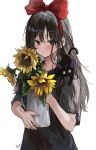  1girl animal arms_at_sides bangs black_cat black_hair black_shirt blush bow cat eyebrows_visible_through_hair flower grey_eyes hair_between_eyes hair_bow hand_up highres holding kiki_(majo_no_takkyuubin) long_hair looking_at_viewer majo_no_takkyuubin red_bow red_ribbon ribbon saya_(mychristian2) shirt short_sleeves signature simple_background solo sunflower upper_body white_background yellow_flower 